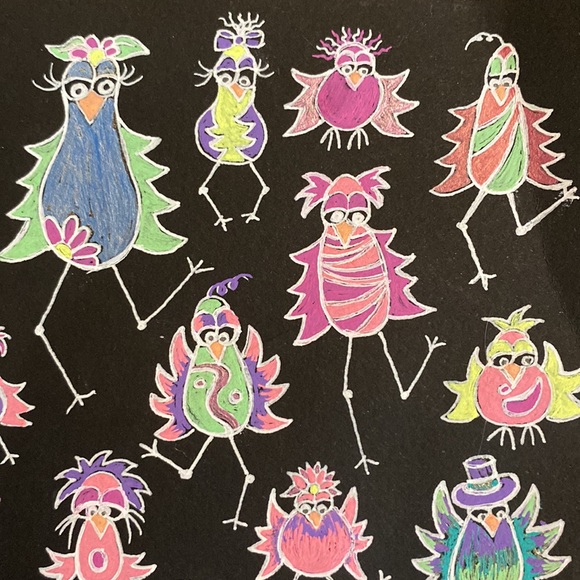 Unframed Original Art in Gel Pen on Black Paper Flocking Strange Birds - Picture 4 of 9